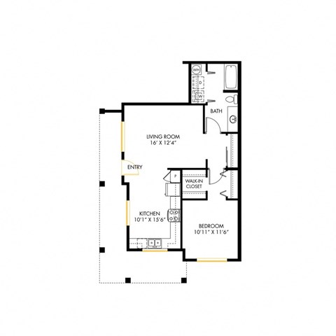 A floor plan of a1x1 B with a living room, kitchen, bedroom and bathroom.